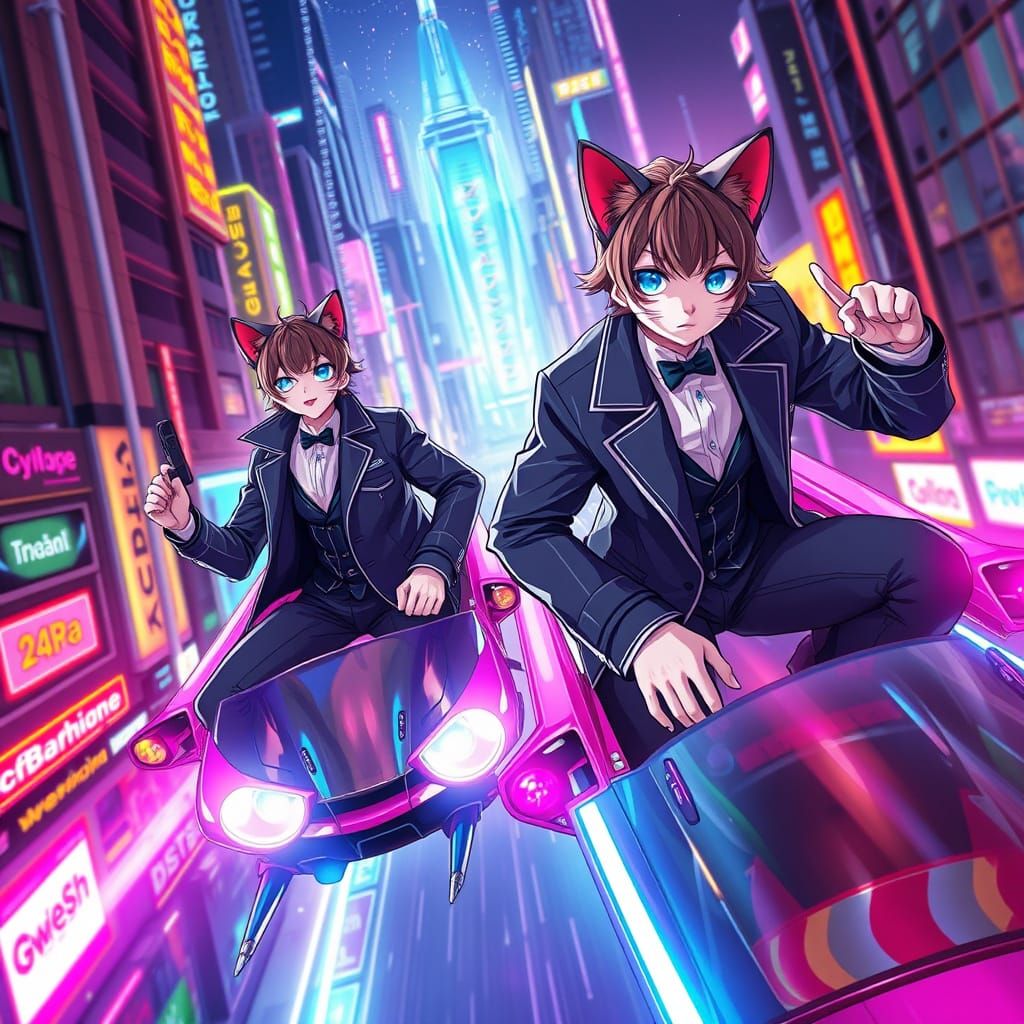 Cyberpunk Catboys in Flying Cars: Neon Anime Scene