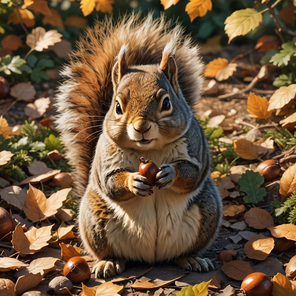 Fluffy Squirrel Grasping Acorn: Hyper-Realistic Digital Art