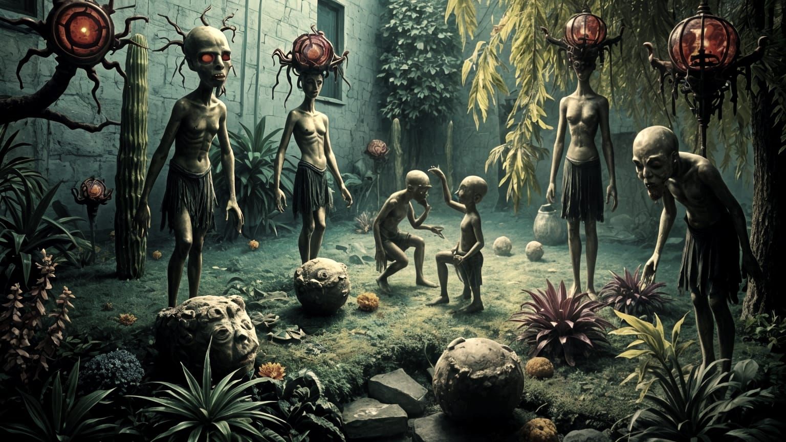 Eerie Garden with Threatening Statues in Artistic Lighting