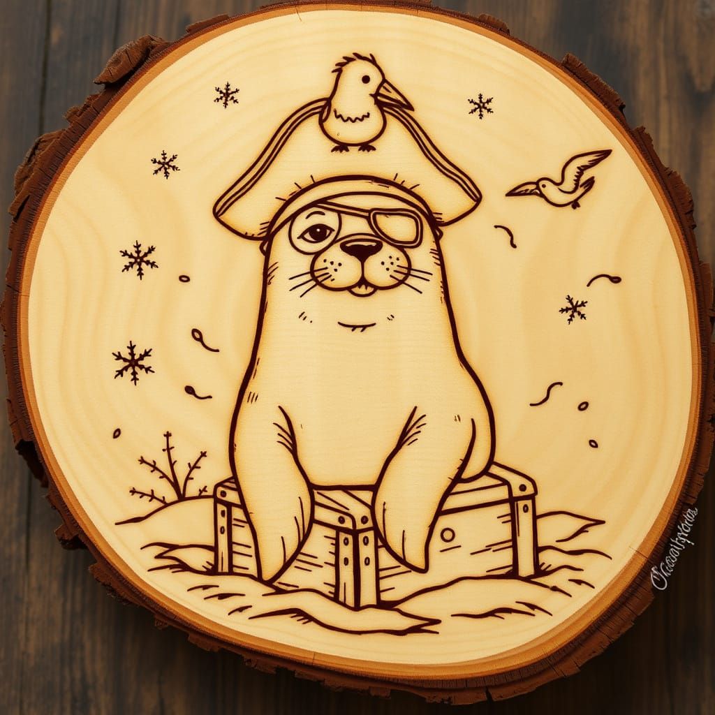 A charming woodburned pyrography artwork engraved onto a natural wood slab, depicting an adventurous arctic seal dressed...