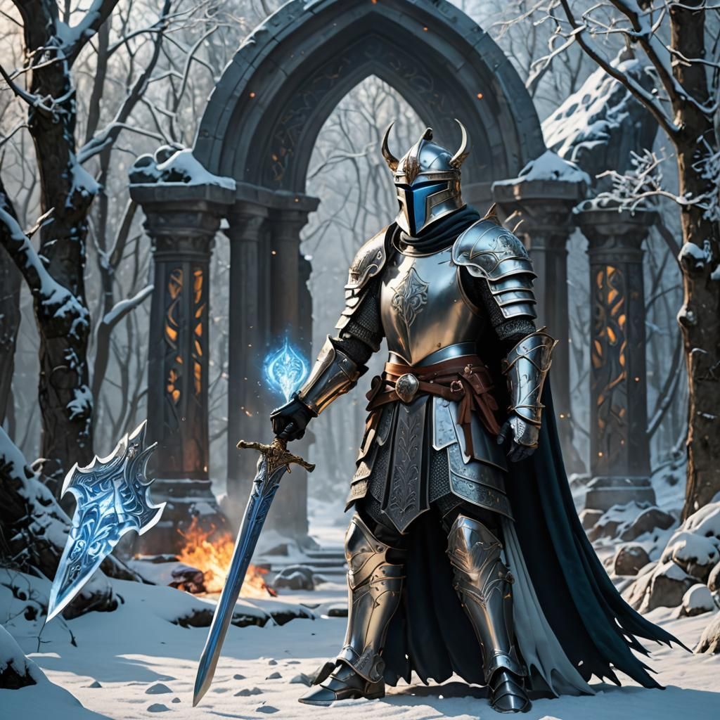 Mythical Knight in Runed Armor with Elemental Motifs