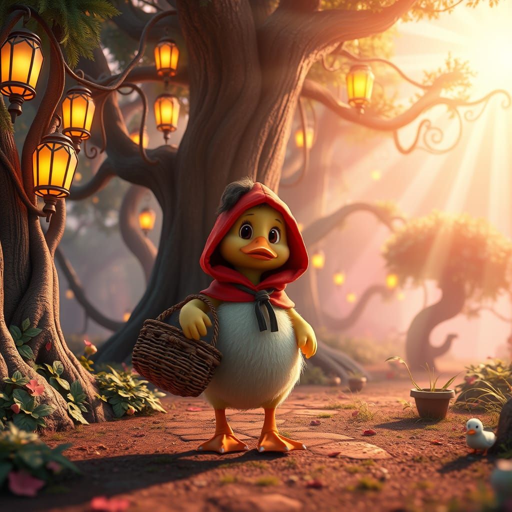 Whimsical Duckling in Enchanted Forest with Vibrant Lanterns