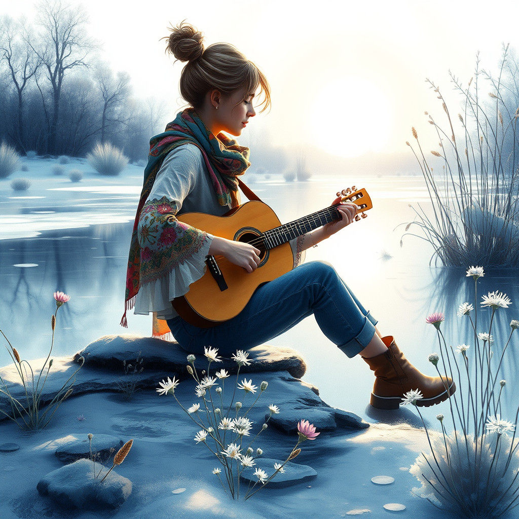 Woman Playing Guitar by Pond: Watercolor Alcohol Ink Art