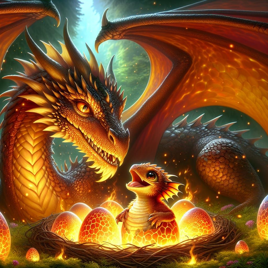 Ember Mother Dragon and Hatchling in Oneiric Landscape