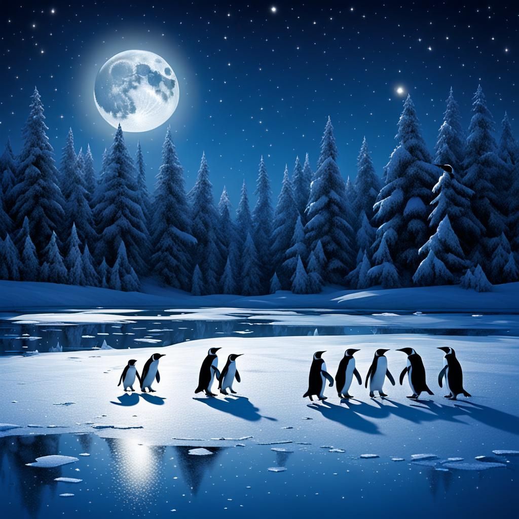 Penguin Family Ice Skating Under the Moon