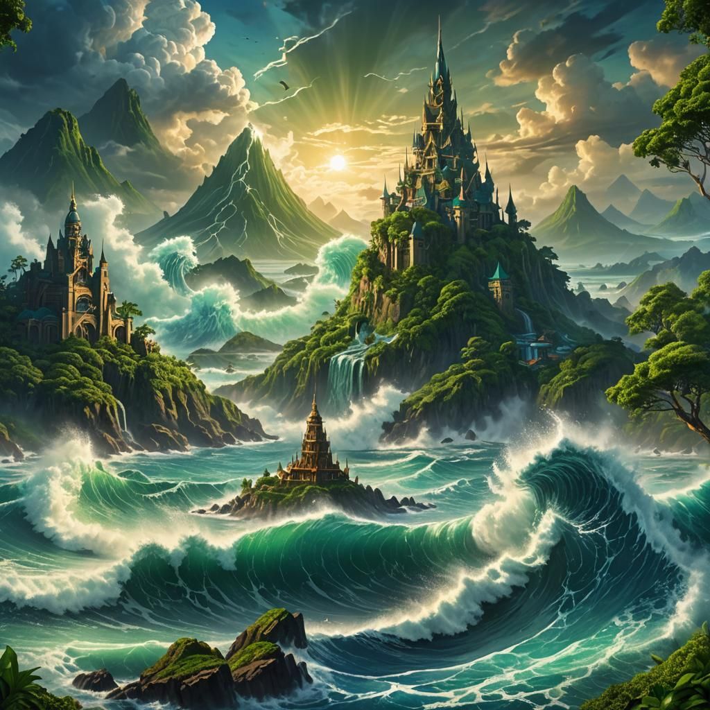 Tsunami Crashing on Mystical Island: Fantasy Art