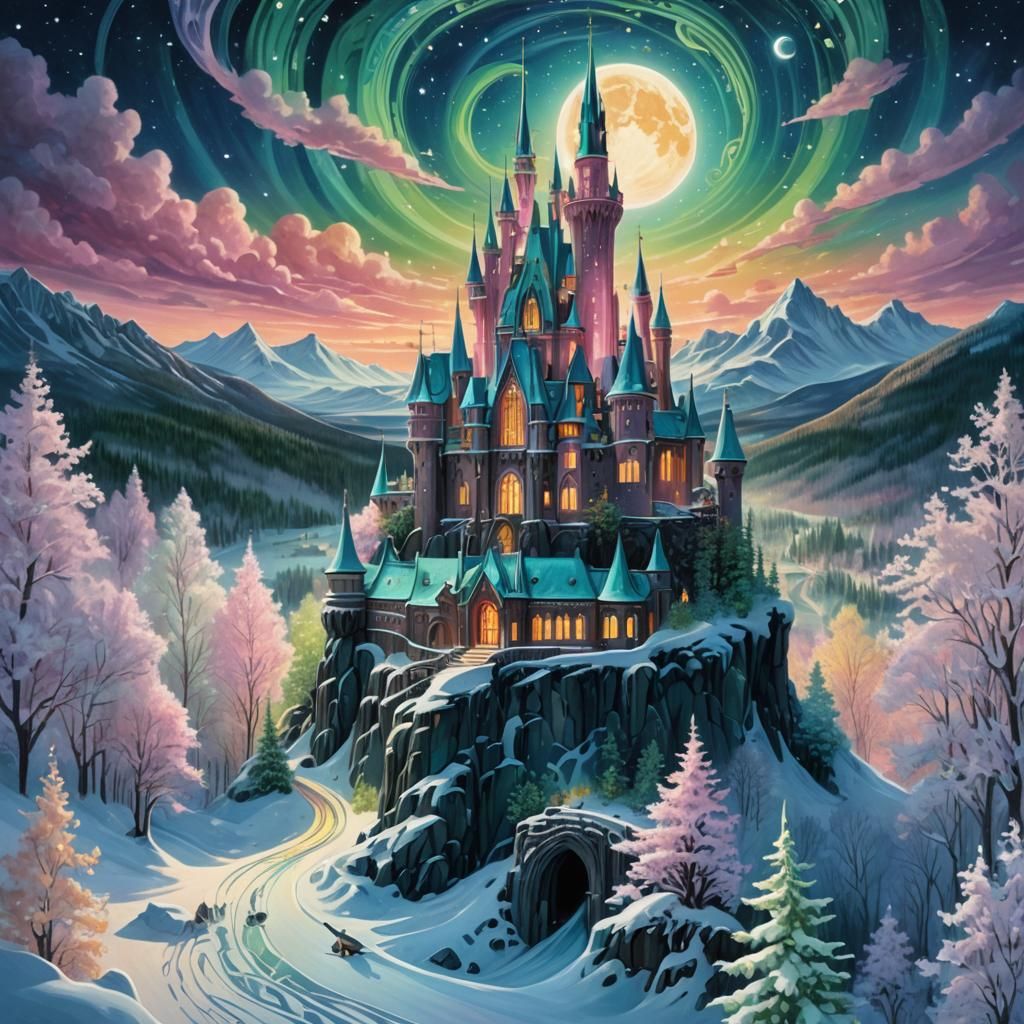 Crystal Castle in Snow Under Northern Lights