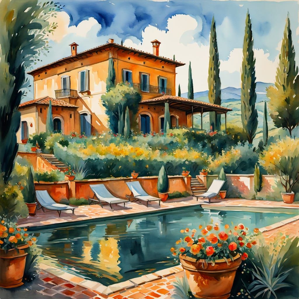 Tuscan Villa Masterpiece in Thick Gouache Watercolor Style