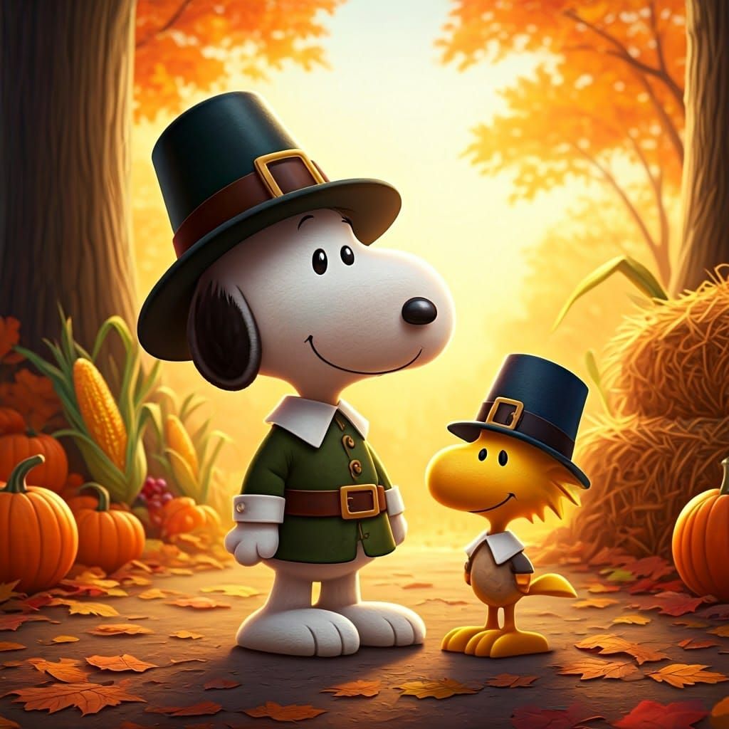 Snoopy and Woodstock Pilgrims in 3D Pixar Autumn Scene