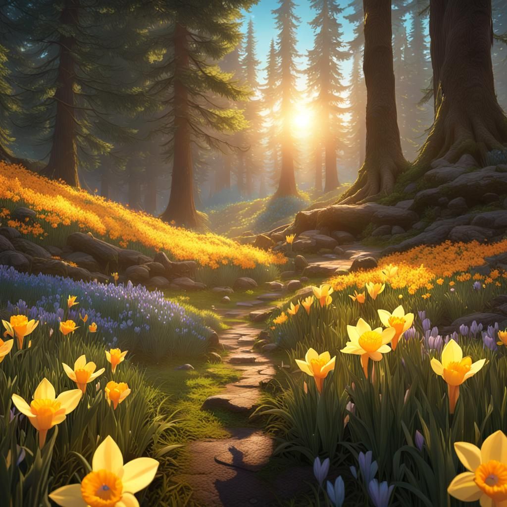 Spring Goddess in Northwest Forest: Art Nouveau Style