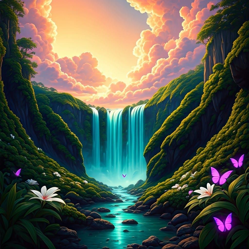 Astral Landscape with Turquoise Waterfall, Holographic Illus...