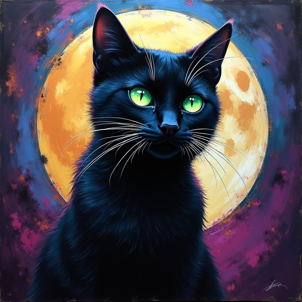 Gothic Graffiti Cat Under Moonlight in Splash Art Style
