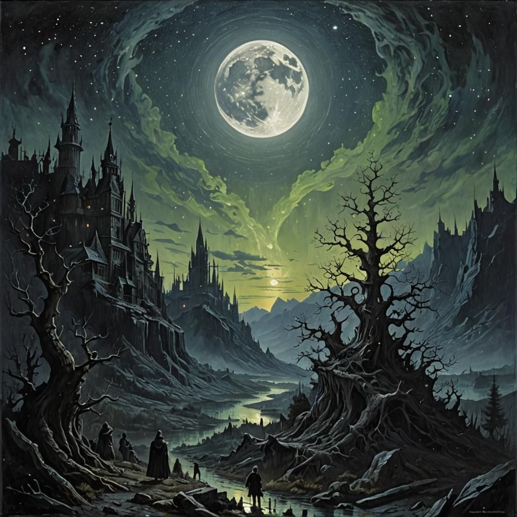 Mystical Moonlit Landscape with Aurora Borealis