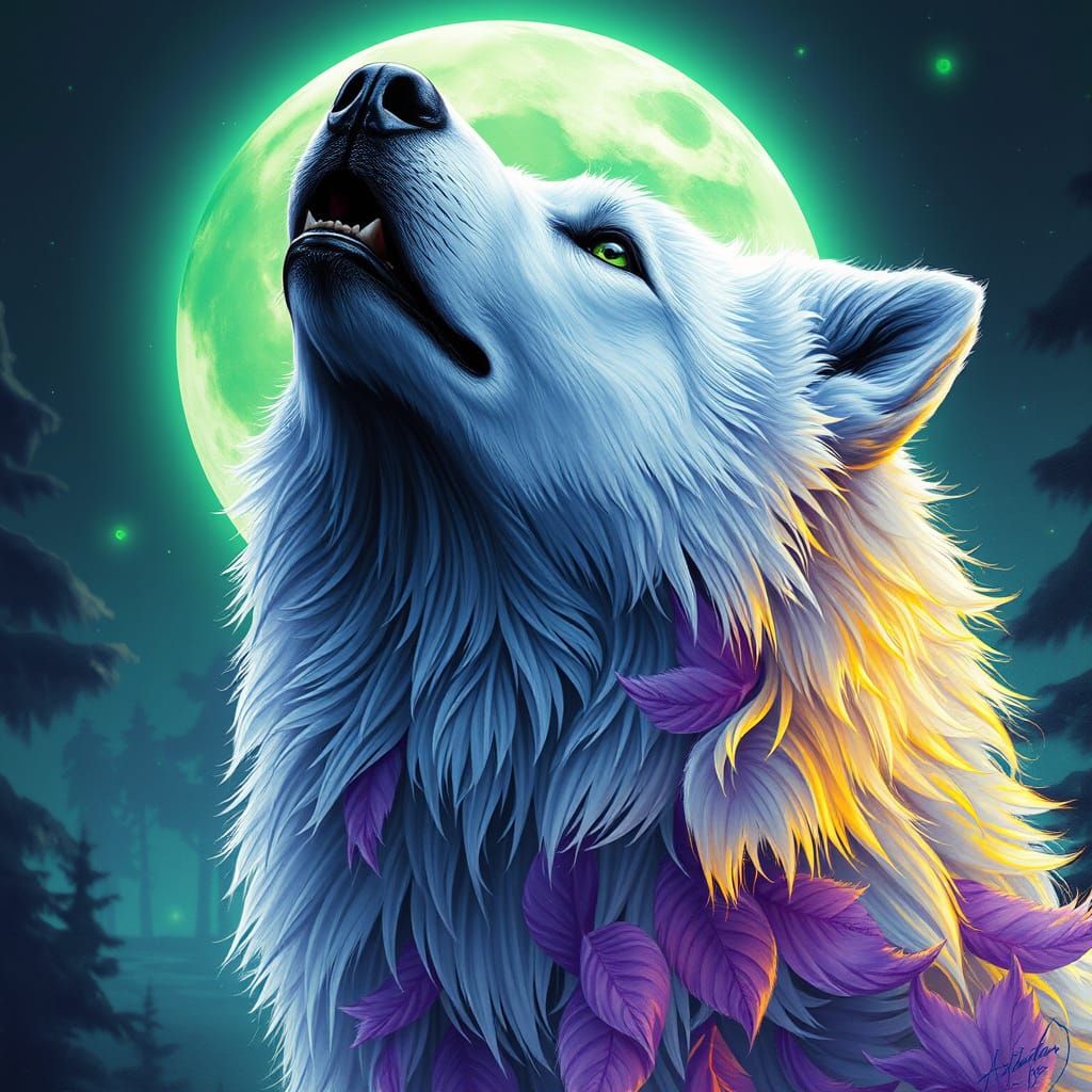 White Wolf Howling at Green Moon in Alcohol Ink Style