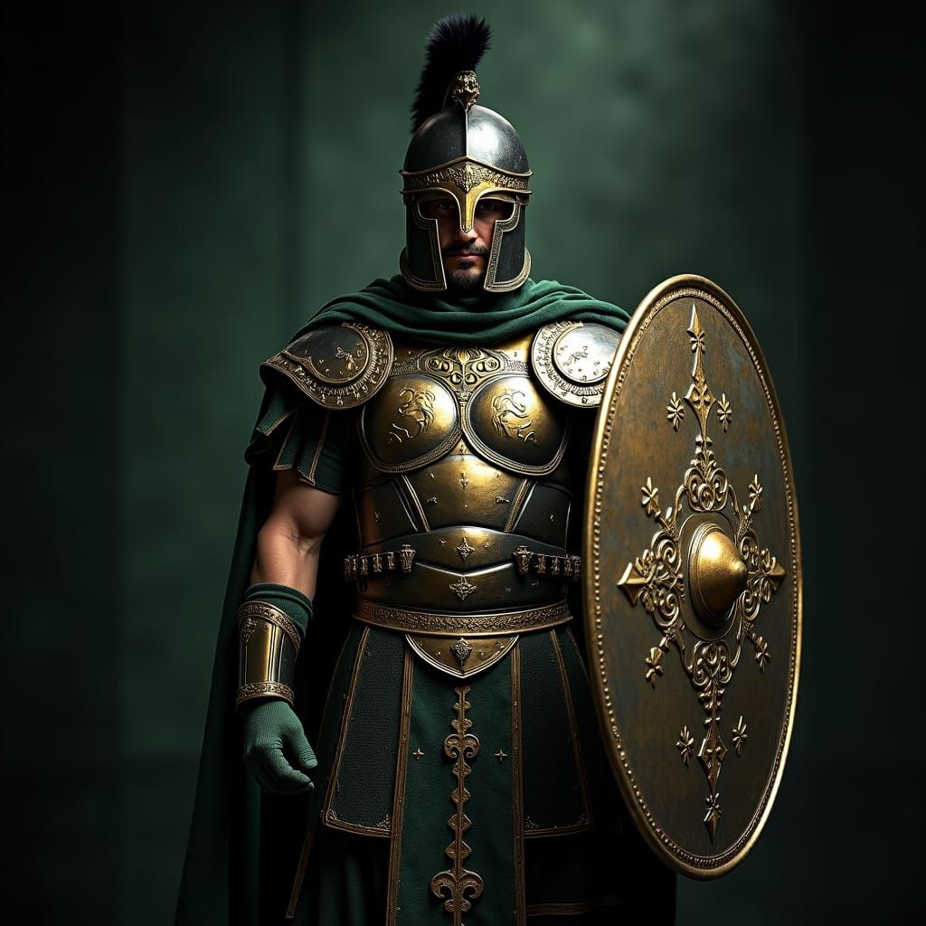 Gothic Hoplite Soldier in Green and Gold Armor