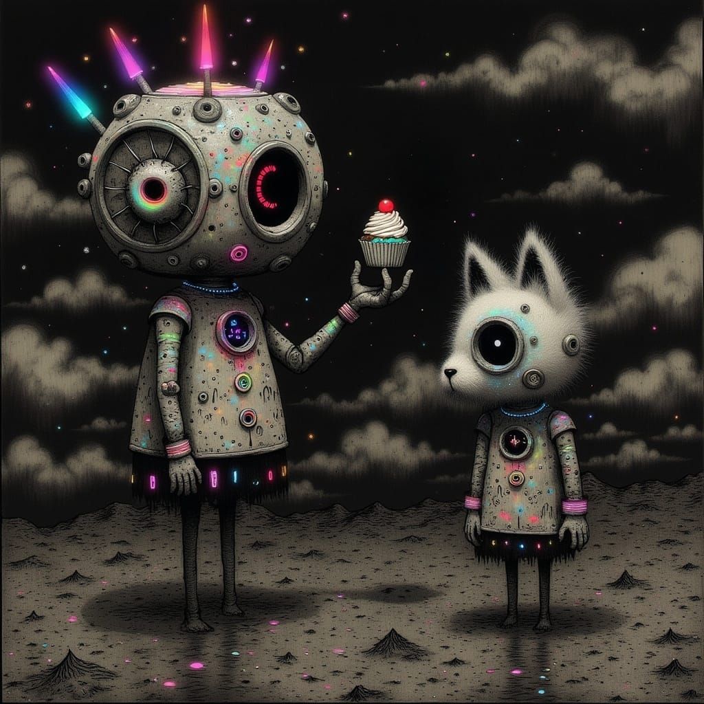 Retro-Futuristic Robot Offers Cupcake to Enchanted Cat in Dr...