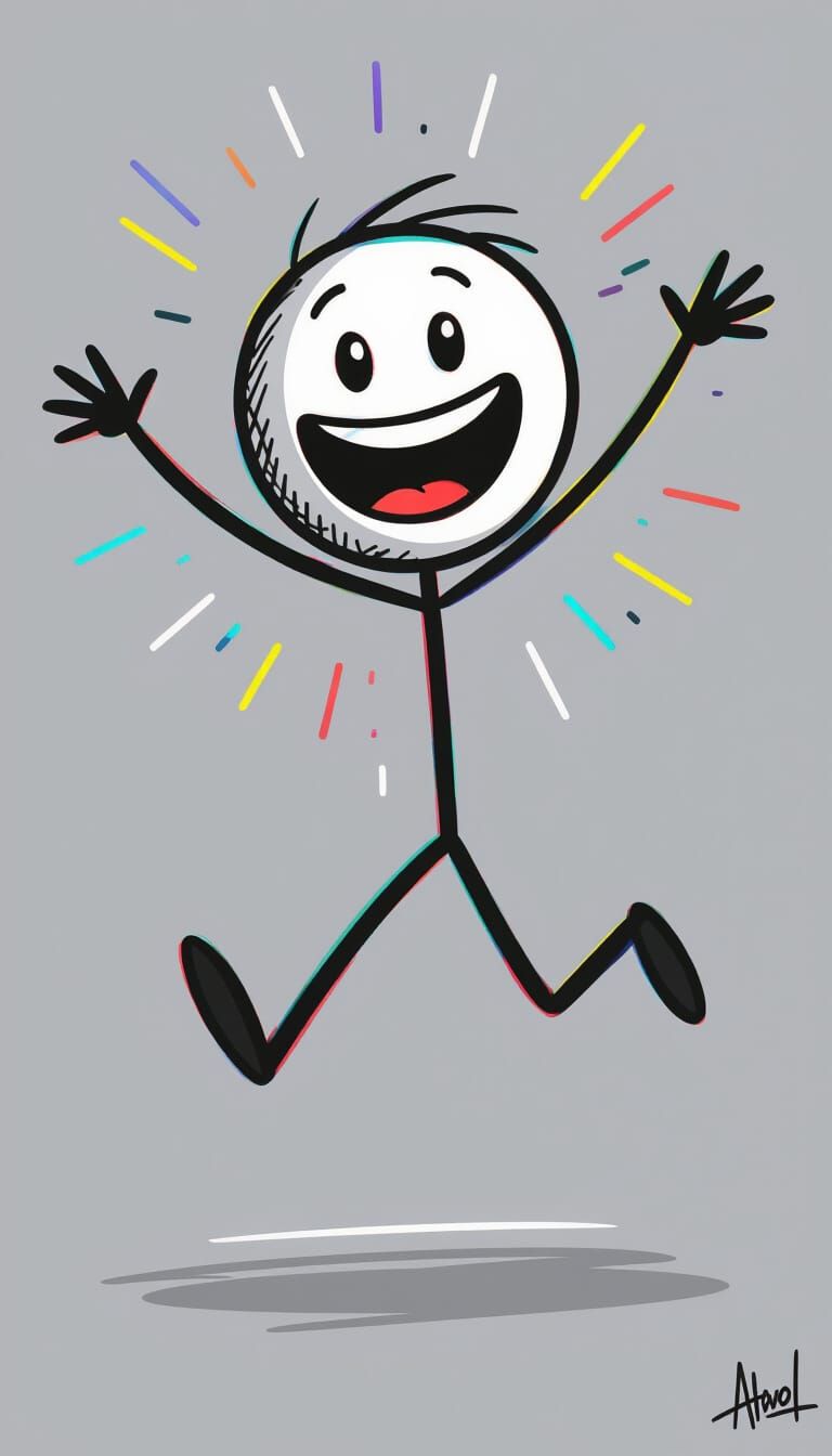 Joyful Stick Figure Jumps in Dynamic 3D Lighting