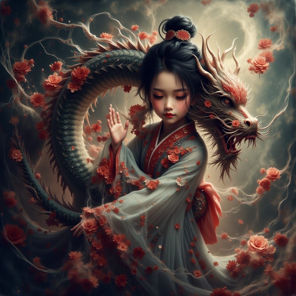 Girl with Dragon in Fantasy World, Impasto Style