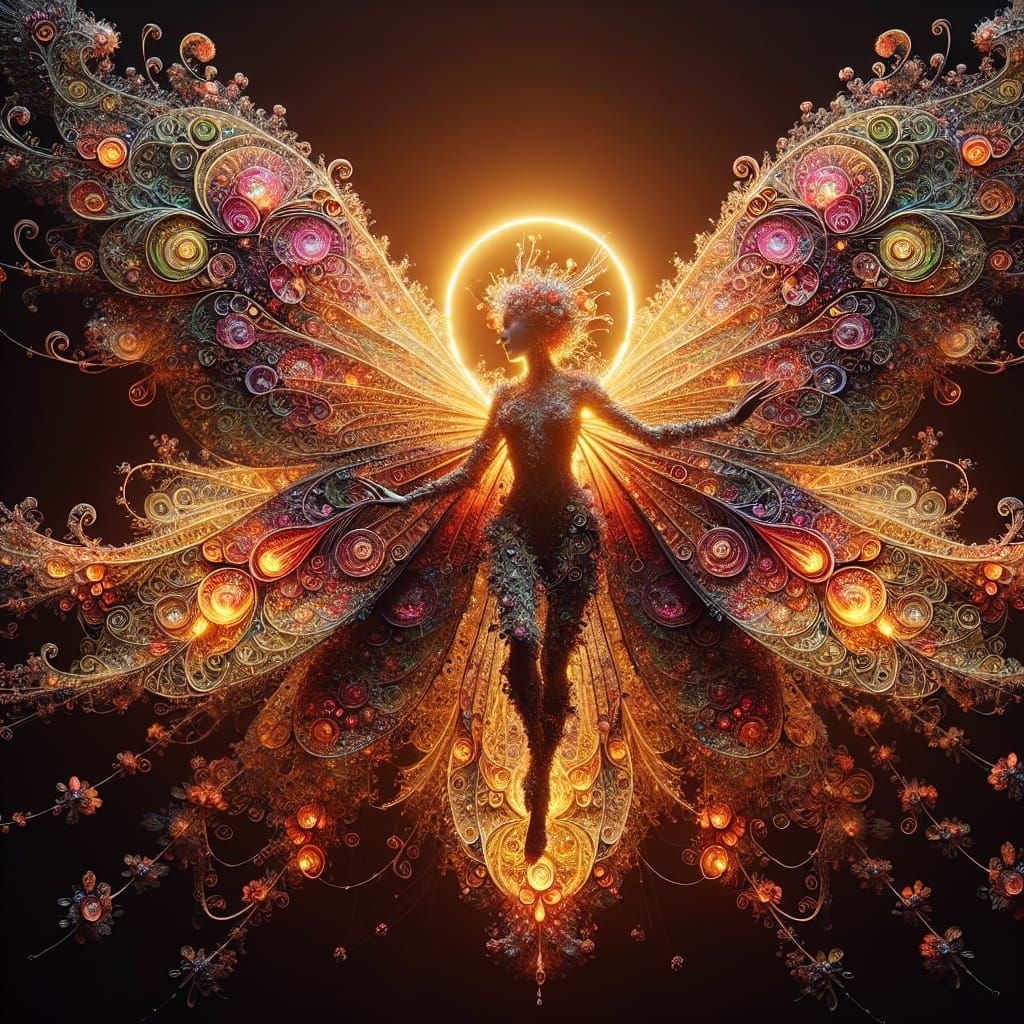 Hyperreal Sun Fairy Spreading Light in Darkness