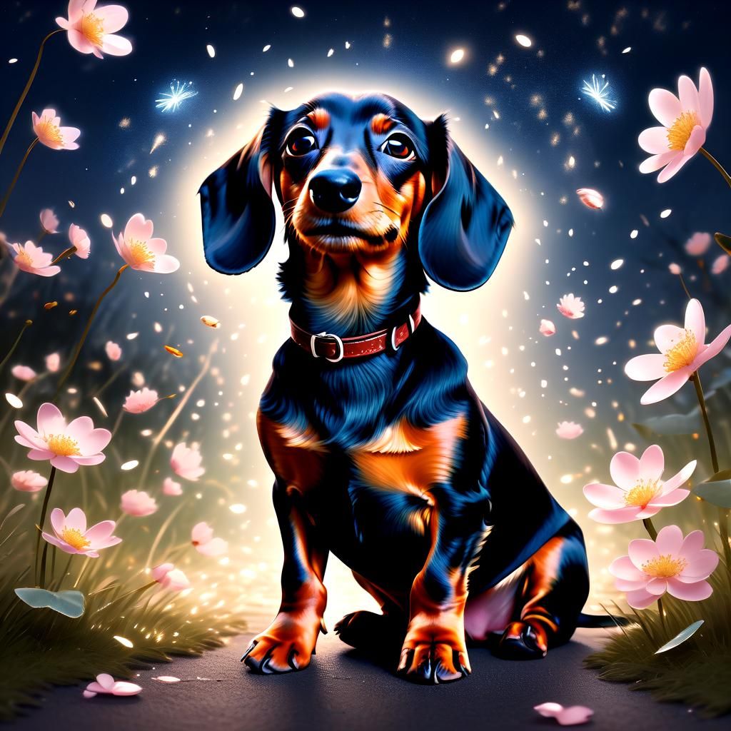 Hyperrealistic Dachshund with Sakura Petals Digital Art