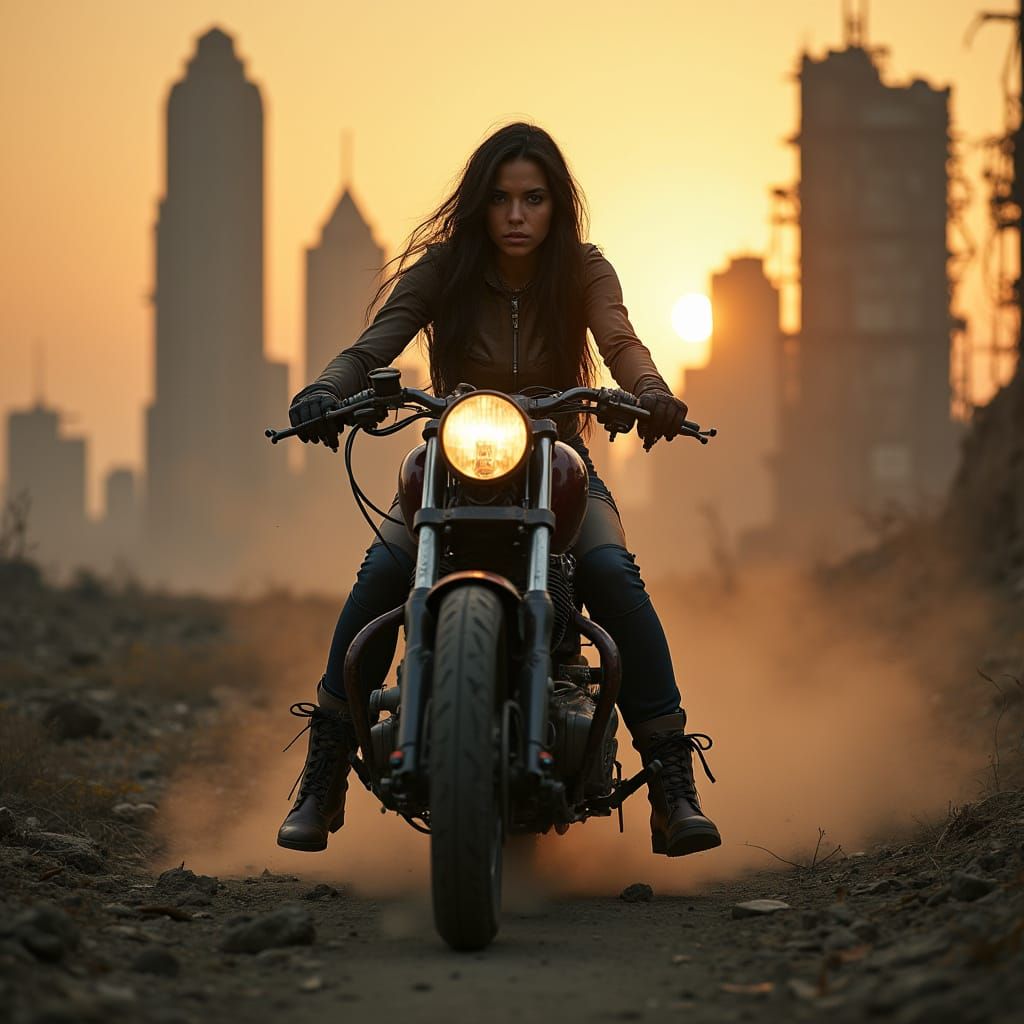 Latina Rider on Custom Motorcycle in Dystopian City