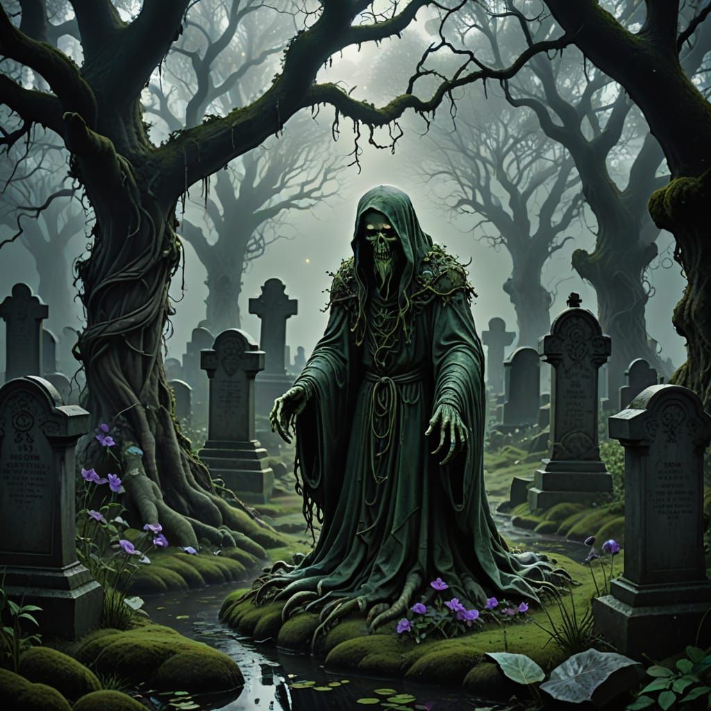 Eerie Overgrown Garden with Bioluminescent Fungi