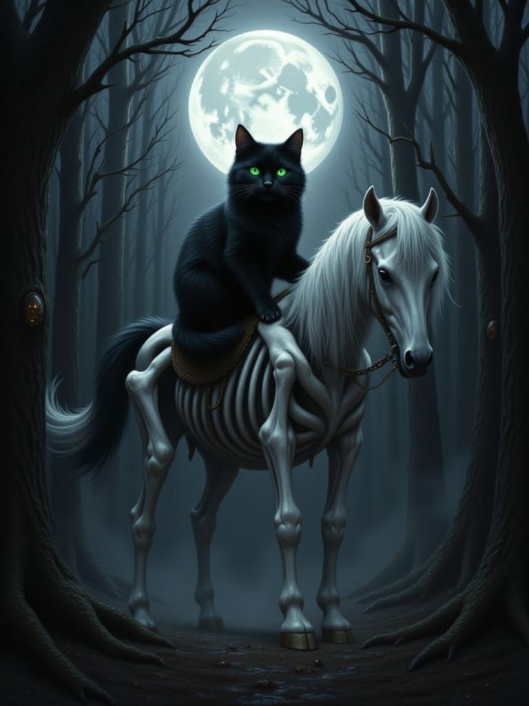 Black Cat on Skeleton Horse in Spooky Forest