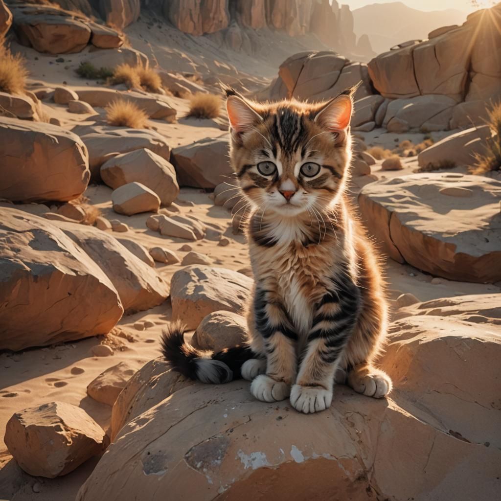 Grumpy Kitten in Desert Landscape: Cinematic Oil Painting