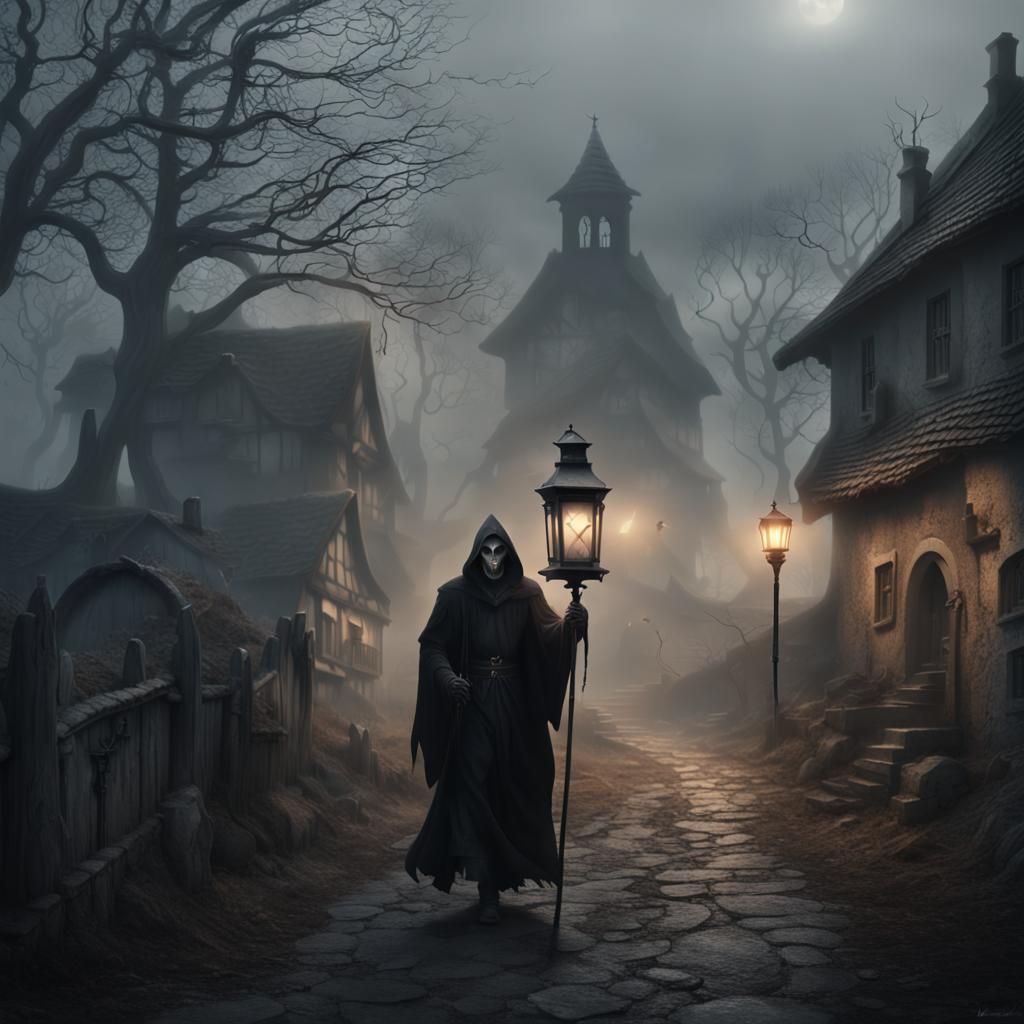 Grim Reaper's Lantern in Foggy Village: Digital Painting