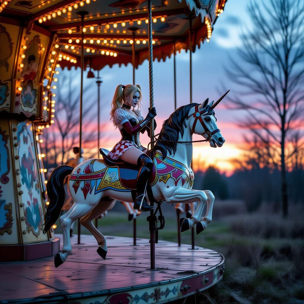 Abandoned Carousel Horse at Dusk, Dark Fairy Tale Style