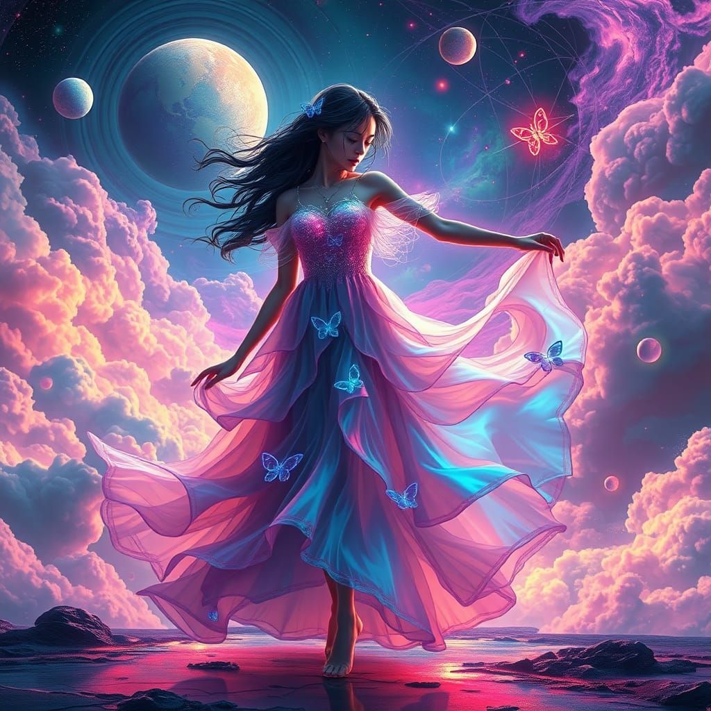 Mystical Dancer in Surreal Psychedelic Landscape