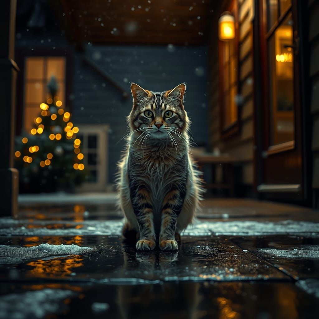 Majestic, Rain-Soaked Cat Stands Before Christmas House