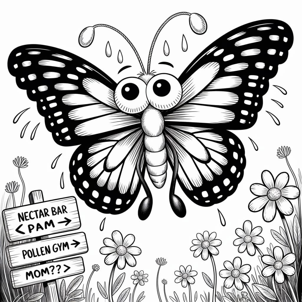 Confused Butterfly in Hyper-Expressive Ink Drawing