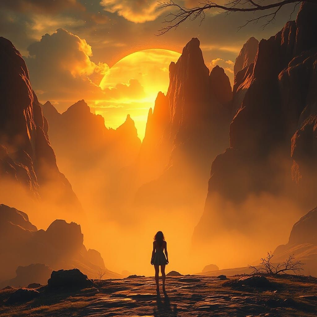 Woman in Surreal Day-Night Landscape