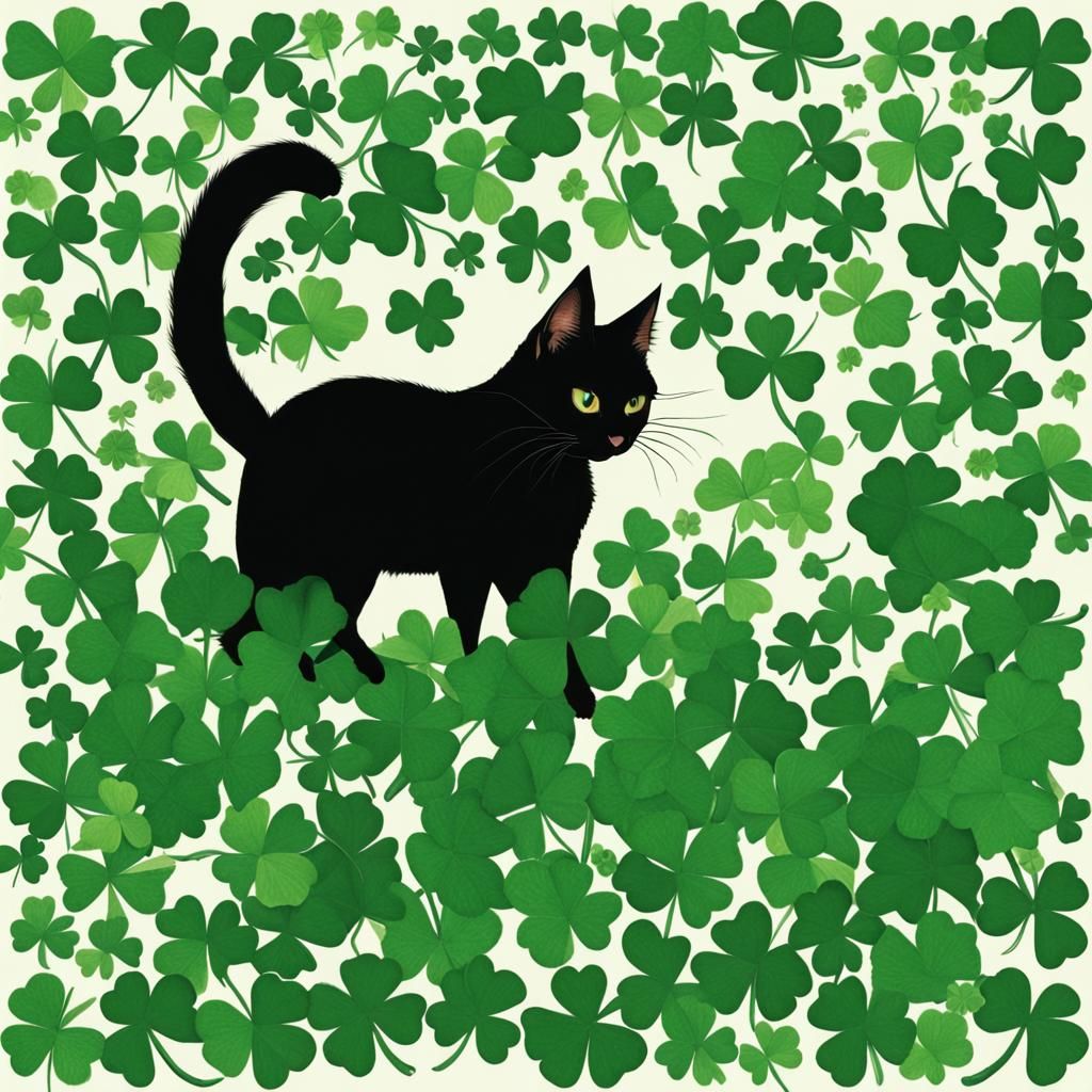 Black Cat in Clover Patch