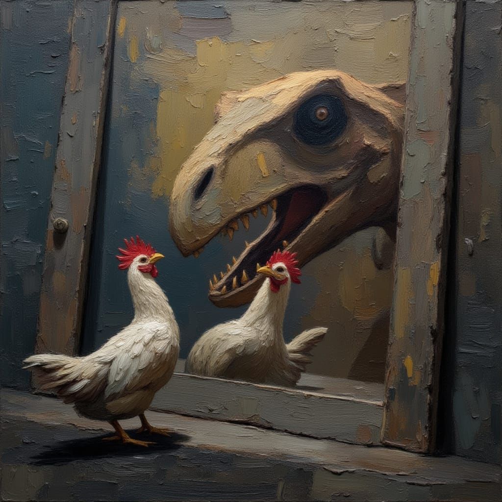 Surreal Chicken Meets Dinosaur in Dreamlike Portrait