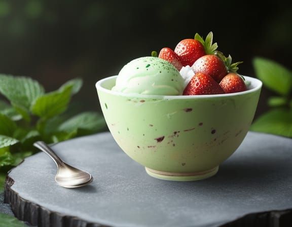 Exotic Matcha Ice Cream Bowl with Forest Rock Base