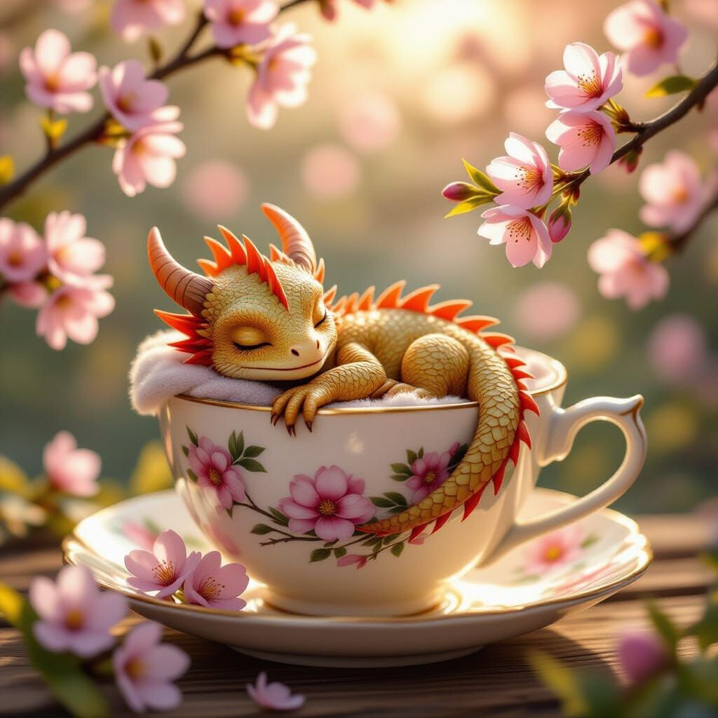 Dragon Nap in Teacup Under Cherry Blossoms