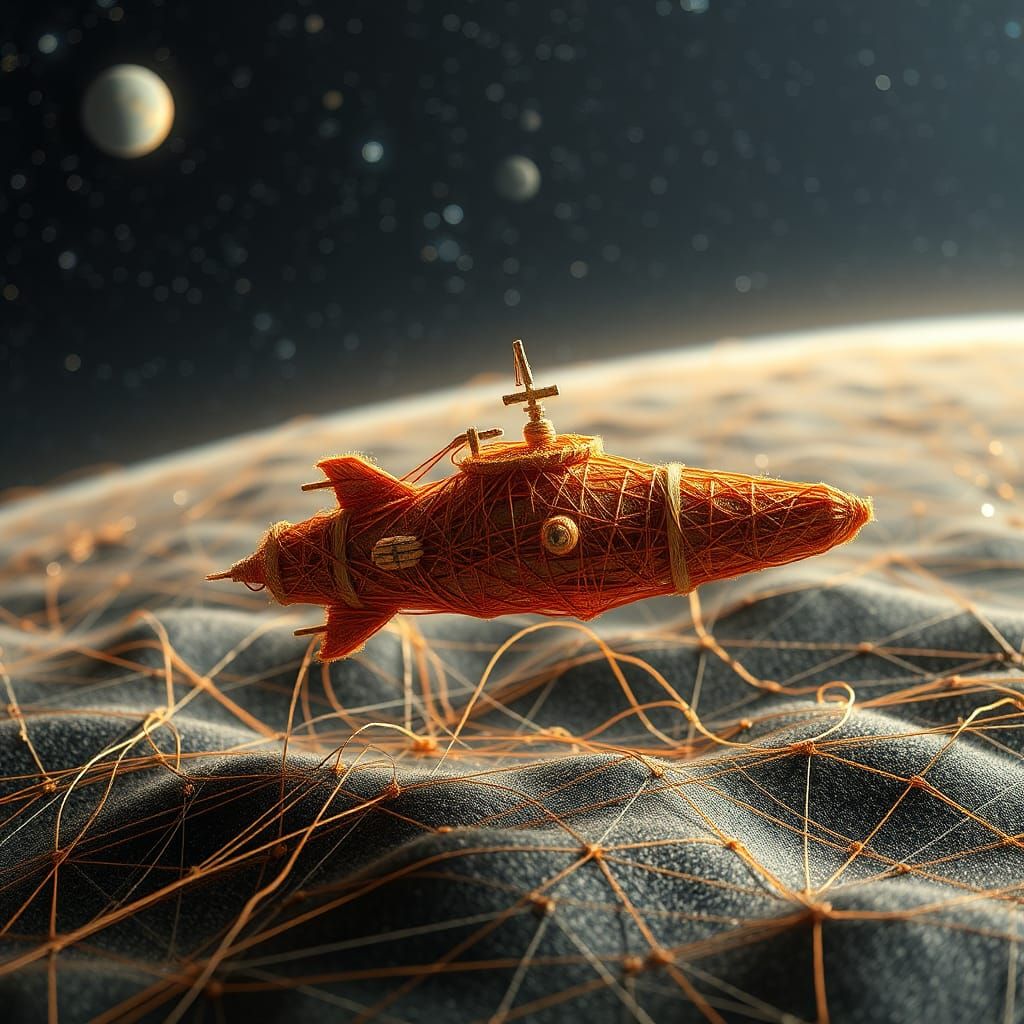 Yarn Spaceship in String Universe, Retro-Futuristic Style