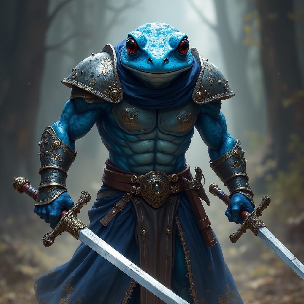 Blue Frog Fighter Champion in Fantasy Armor with Swords