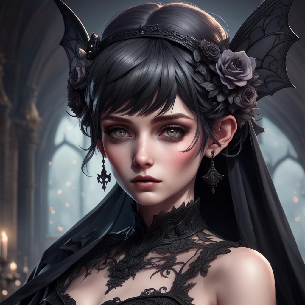 Gothic Pixie in Black Wedding Dress Portrait