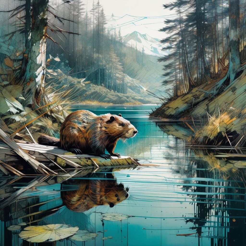 Hyperdetailed Beaver in Forest Lakescape, Suminagashi Style