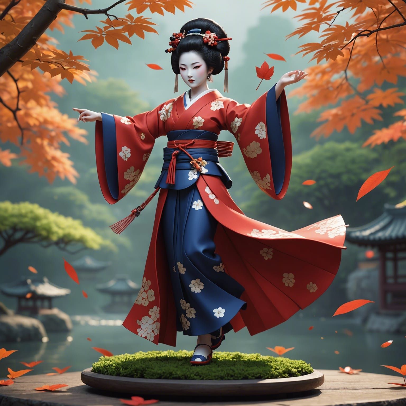 Miniature Geisha Dances on Flying Leaf in 3D Anime Style