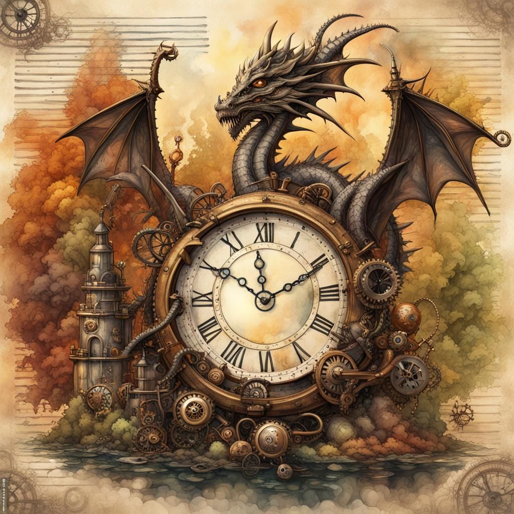 Steampunk Dragon and Clock Page in Watercolor Style