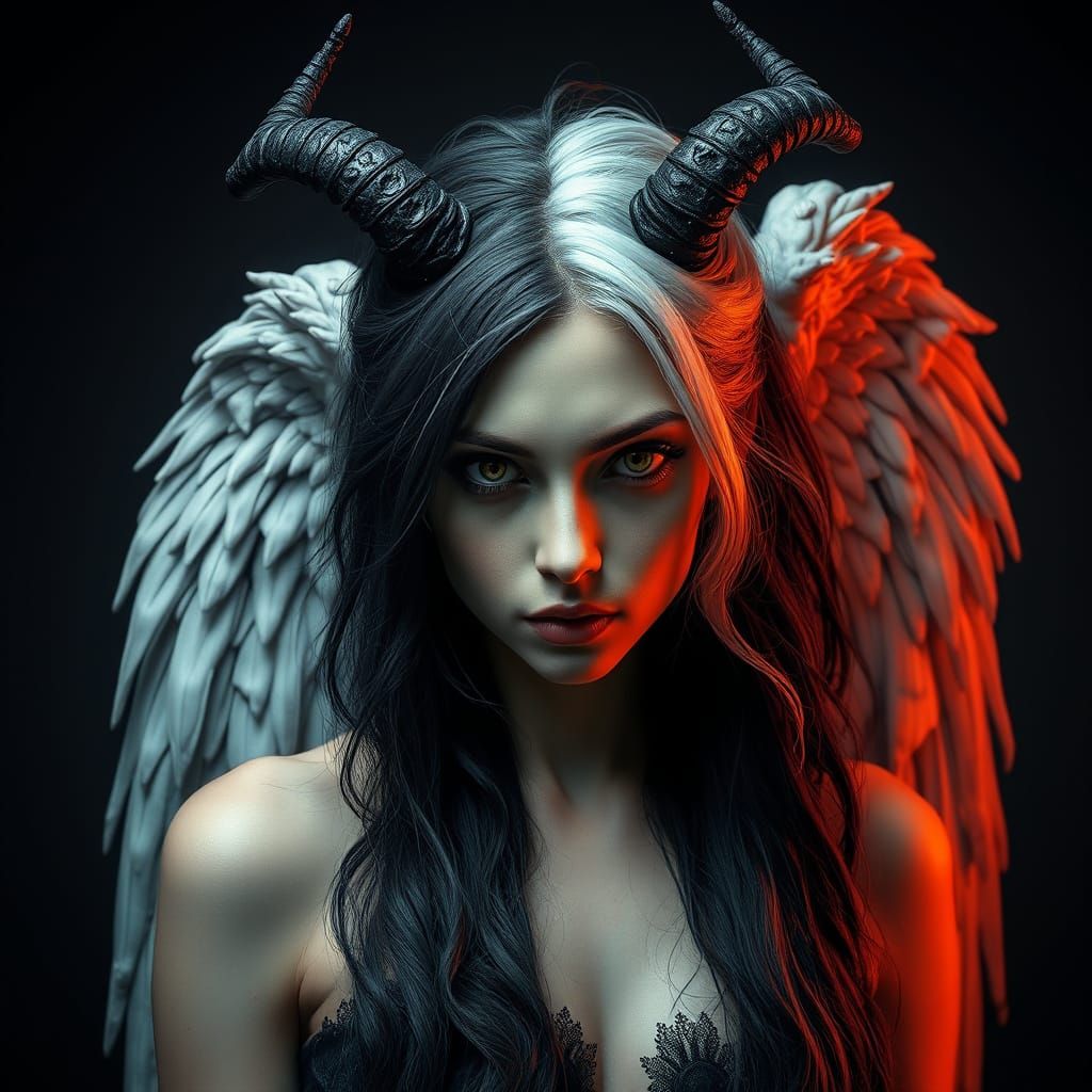 Dark Fantasy Angel with Damaged Wings and Demon Horns