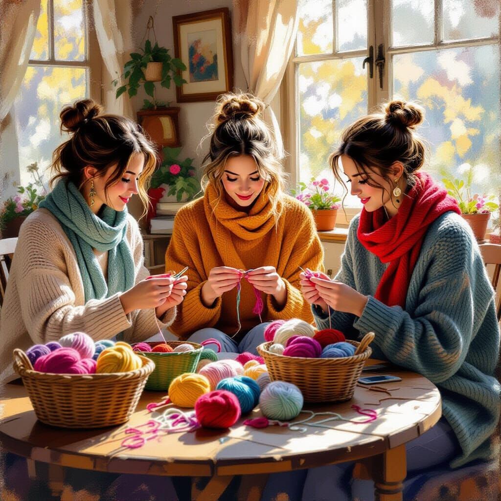Women Knitting Together in Cozy Sunlit Room