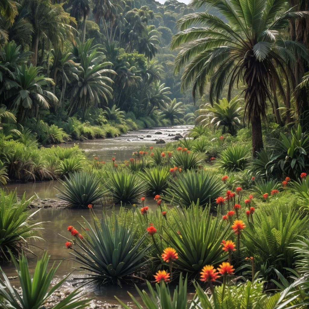 Subtropical Floodplain with Cycads and Flowers
