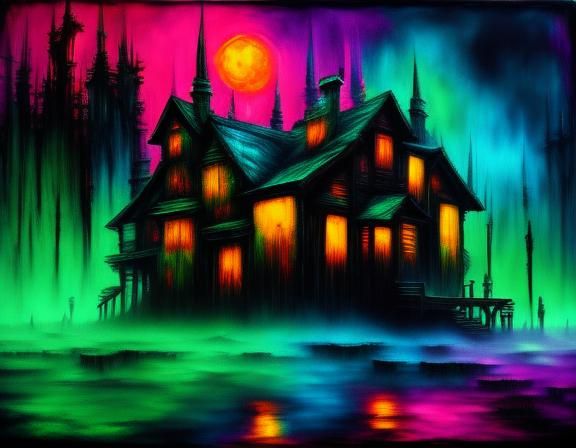 Neon Haunted Wood in Ominous Oil Painting Style