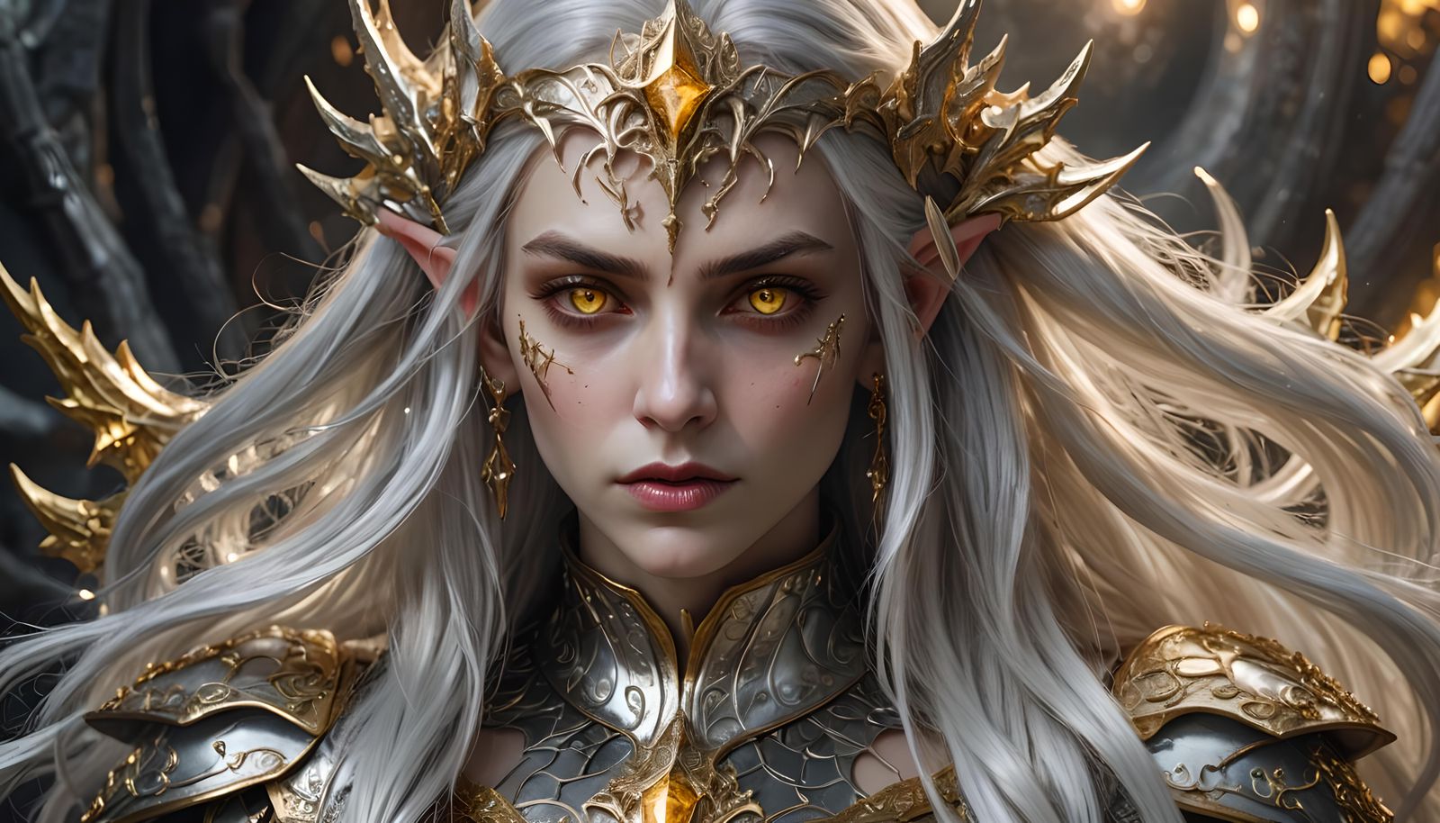 Elven Vampire in Gold Armor: Hyperrealistic Portrait