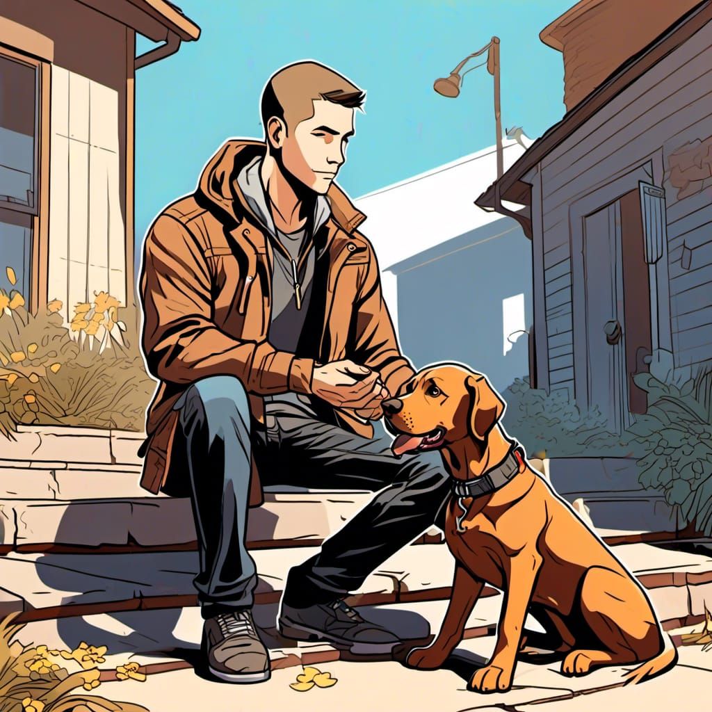 Man Petting Dog in Comic Book Style